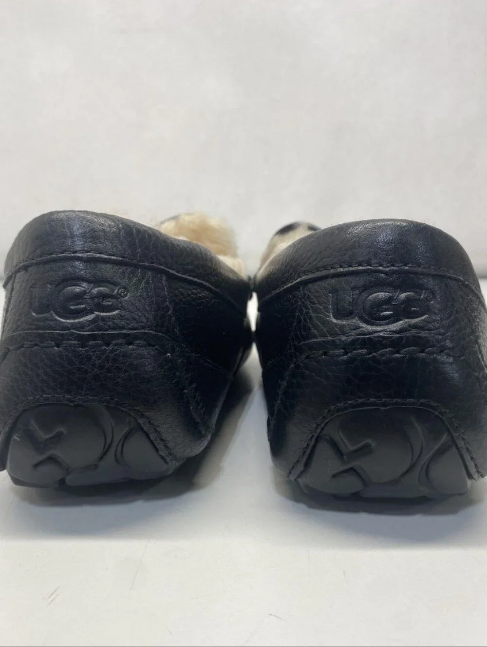 UGG Men's Black Leather Slip-On Loafers with Shearling Lining- NEW